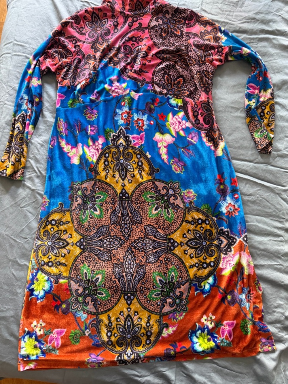 Anthropologie Velvet Blue Multi Floral Paisley Long Sleeve Maxi Dress